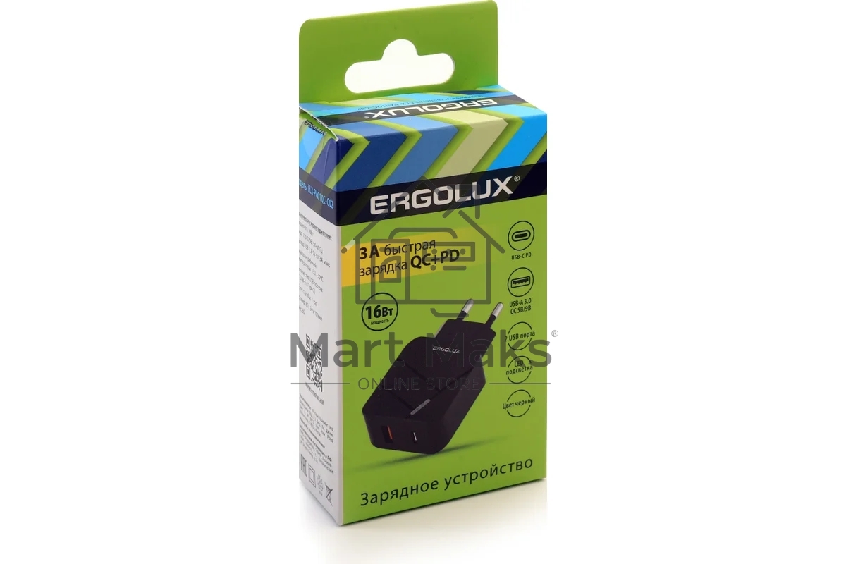 Адаптер сетевой Ergolux ELX-РA01QC-C02 1USB+1Type C 100-220В 5-9В/3А QC коробка черный Ergolux