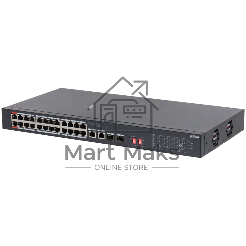 Коммутатор Dahua DH-S3226-24ET-240, 24×100 Мбит/с PoE + 2×1 Гбит/с Combo, неуправляемый