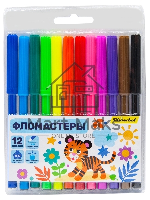 Фломастеры Silwerhof Веселые друзья 7.5мм 125мм, круглый корпус, вентилируемый колпачок, 12 цветов, пакет с европодвесом