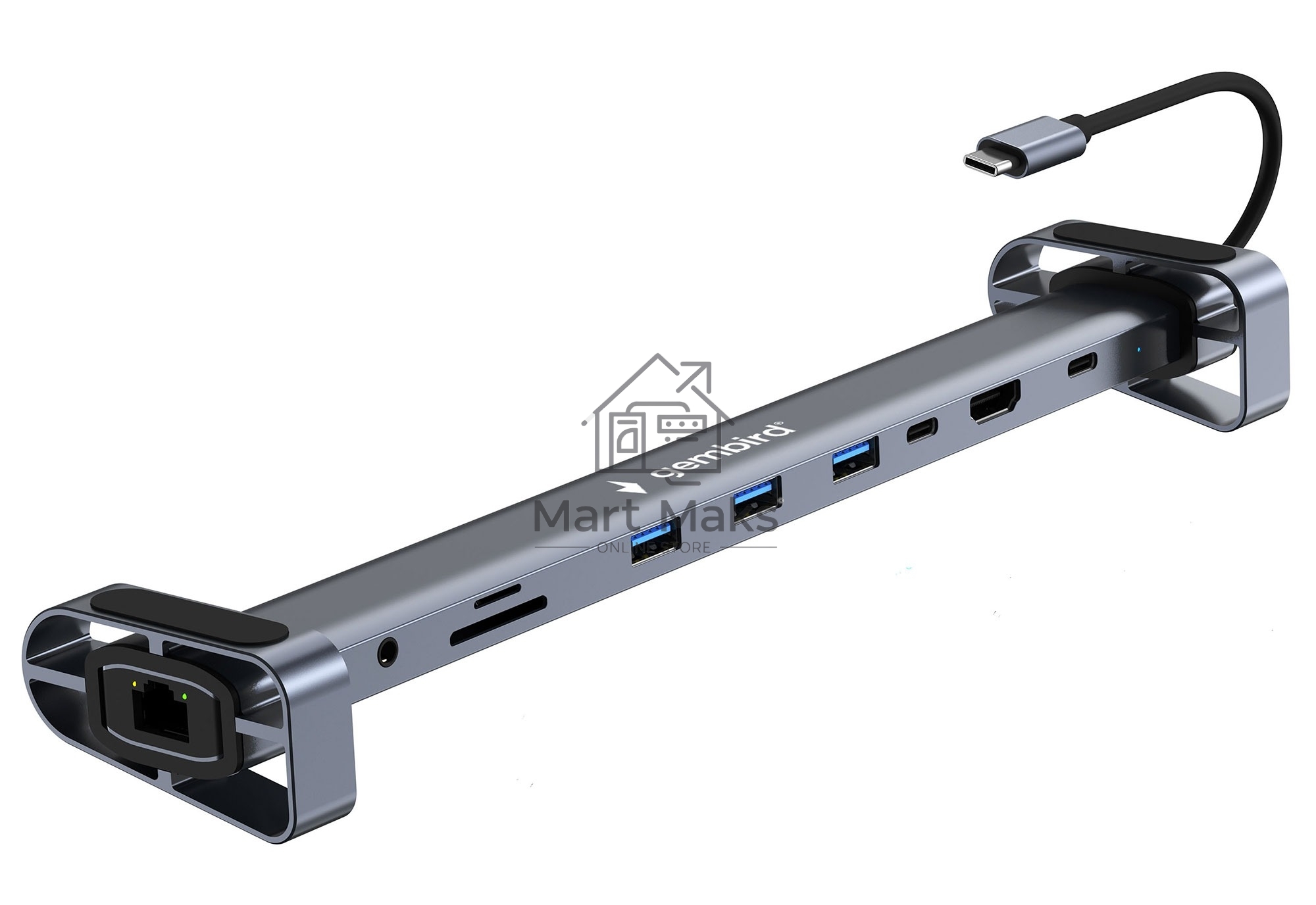 Док-станция Type-C Gembird UHB-D5, 10в1: 3xUSB3.1, Type-C PD87W, Jack 3.5, SD/TF, HDMI, RJ45, Type-C, кабель 14см, алюминий