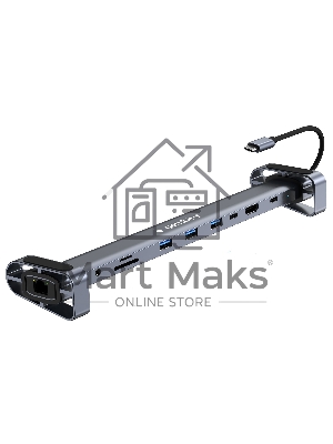 Док-станция Type-C Gembird UHB-D5, 10в1: 3xUSB3.1, Type-C PD87W, Jack 3.5, SD/TF, HDMI, RJ45, Type-C, кабель 14см, алюминий