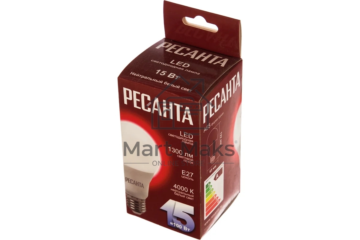 Лампа светодиодная Ресанта LL-R-A65-15W-230-4K-E27 груша, 15 Вт, нейтр., Е27