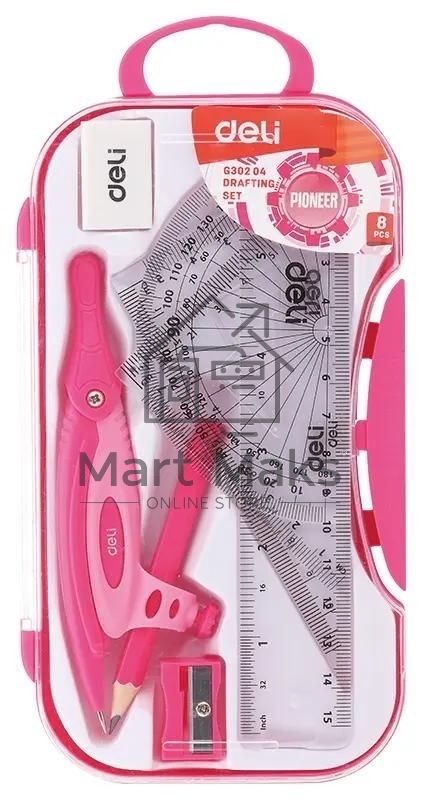 Циркуль Deli EG30204, корпус ассорти, пластик, в комплекте: линейка / транспортир / 2 угольника / карандаш / ластик / точилка
