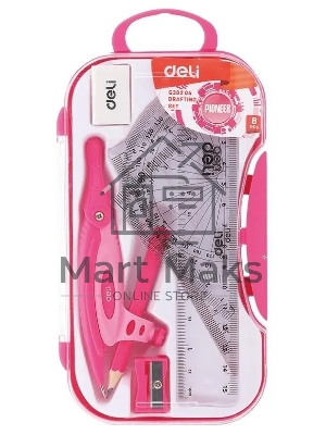 Циркуль Deli EG30204, корпус ассорти, пластик, в комплекте: линейка / транспортир / 2 угольника / карандаш / ластик / точилка