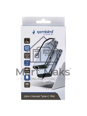 Док-станция Type-C Gembird UHB-D4, 10в1: 3xUSB3.1, Type-C PD87W, Jack 3.5, SD/TF, HDMI, RJ45, VGA, кабель 15см, алюминий