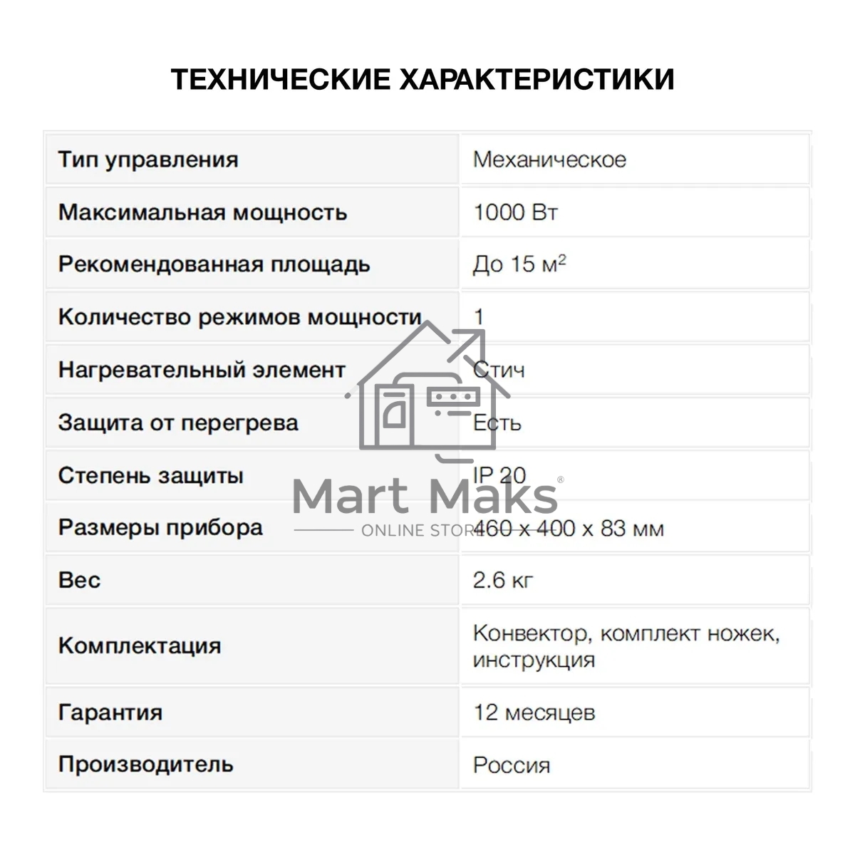 Конвектор Starwind SHV1010 белый, 1000 Вт, 15 м2, термостат