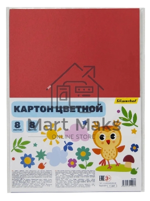 Картон цветной Silwerhof ассорти немелованная 8л. 8цв. A4 Веселые друзья 230г/м2 1диз. ПЭТ (упаковка: 25шт)