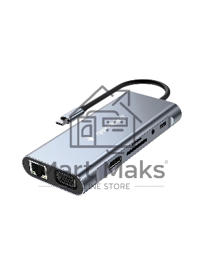 Док-станция Type-C Gembird UHB-D4, 10в1: 3xUSB3.1, Type-C PD87W, Jack 3.5, SD/TF, HDMI, RJ45, VGA, кабель 15см, алюминий