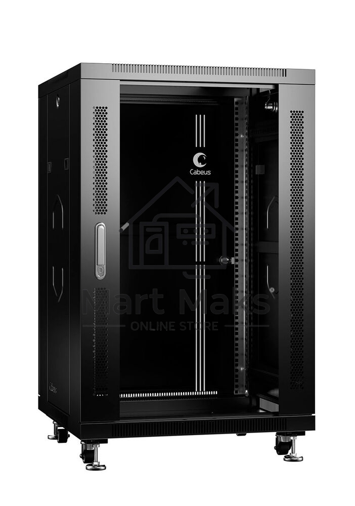 Шкаф телекоммуникационный напольный Cabeus SH-05C-18U60/100-BK IP20, 18U, 988х600х1000 мм (ВхШхГ), дверь: стекло, боковая панель: сплошная, разборный, цвет: чёрный