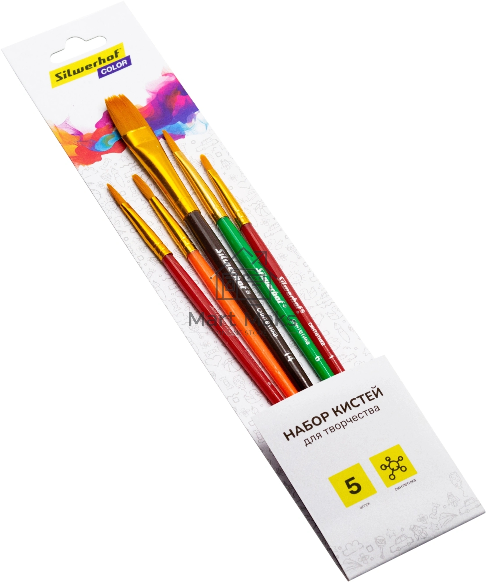 Набор кистей Silwerhof Color, синтетика (набор 5шт) синтетика круглая №3 / плоская №2,6,14 / овальная №1
