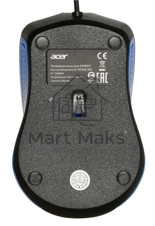 Мышь проводная Acer OMW011 черный/синий, 1200 dpi, USB, кнопки - 3