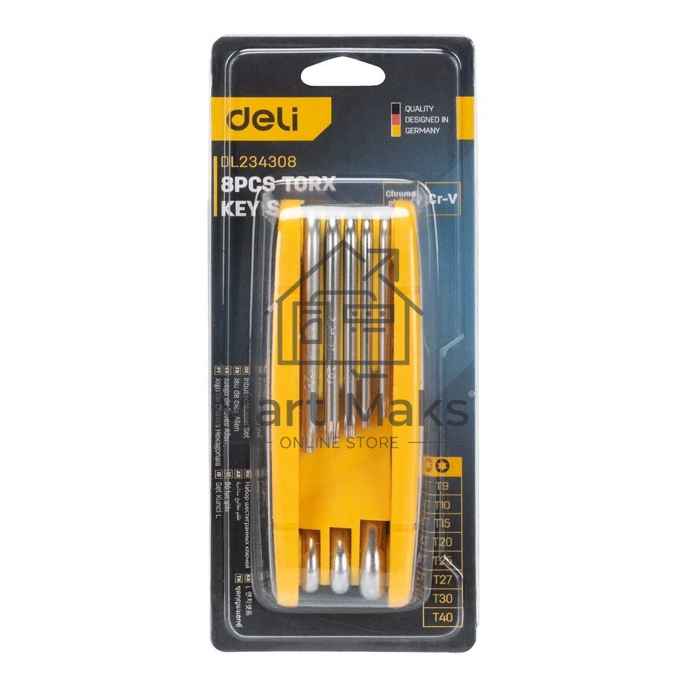Набор складных шестигранных ключей TORX Deli DL234308 размеры T9,T10,T15,T20,T25,T27,T30,T40, пластиковый держатель