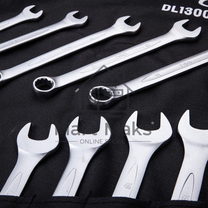 Набор комбинированных гаечных ключей 14 шт Deli DL130014B Спецификация: 10 мм, 11 мм, 12 мм, 13 мм, 14 мм, 16 мм, 17 мм, 18 мм, 19 мм, 21 мм, 24 мм, 27 мм, 30 мм, 32 мм. Матовая хромированная поверхность. Тканевая упаковка.