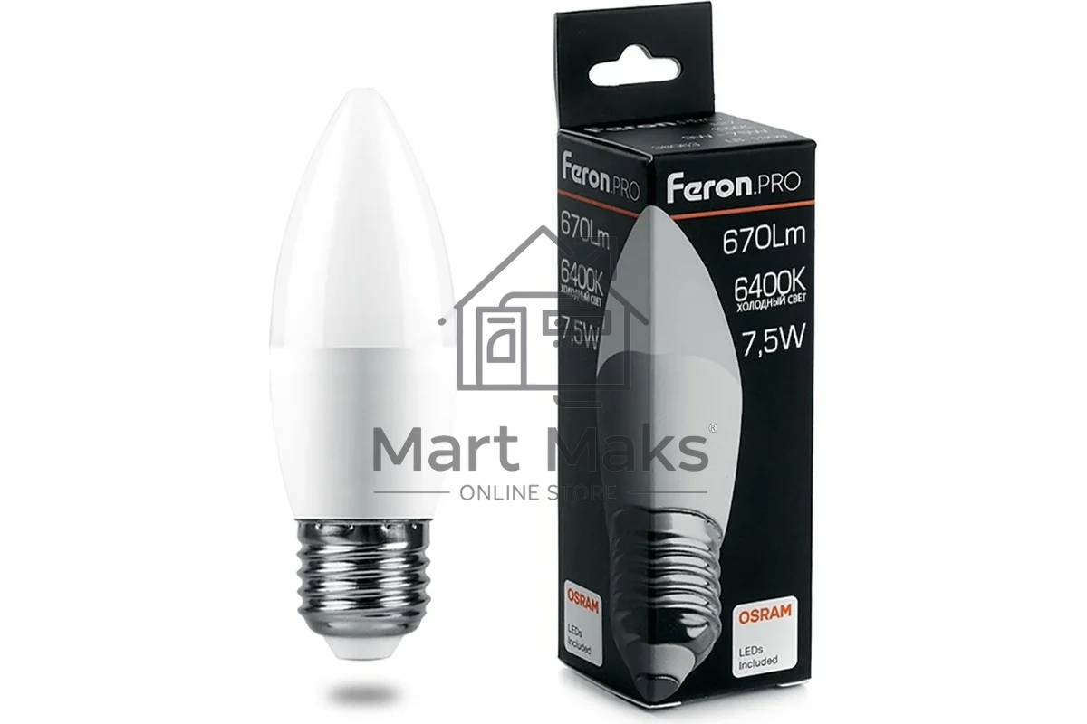 Лампа светодиодная FERON PRO LB-1307 (38058) 7.5 вт Е27 дневной матовая свеча