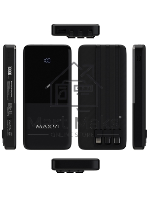 Внешний аккумулятор Maxvi PB10-09 10000мАч, 2A USB + кабели: Type-C/Lightning/MicroUSB