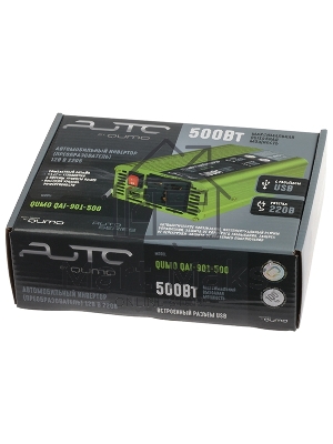 Автомобильный инвертор (преобразователь) постоянного тока 12В в переменный ток 220В, модель QUMO QAI-901-500 (Inv 001), максимальная выходная мощность 500Вт, встроенный разъем USB