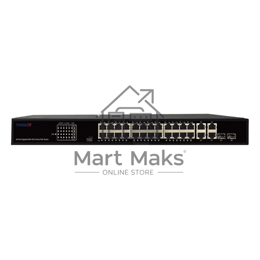 Неуправляемый коммутатор Trassir TR-NS14282С-370-24POE с24 PoE портами (10/100/1000 Мбит/с Base-T PoE port),и 2 Combo портами (10/100/1000 Мбит/с Base-T), 2 Uplink (10/100/1000 Мбит/с Base-T)