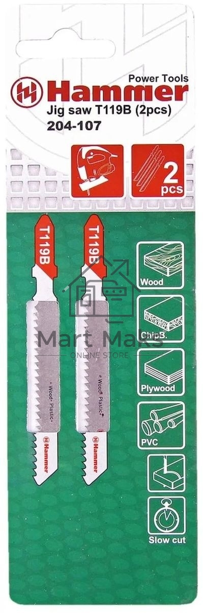 Пилка для лобзика Hammerflex 204-107 JG WD-PL T119B (2pcs) мягк.др\пл, 67мм, шаг 1.9-2.3, HCS, 2шт