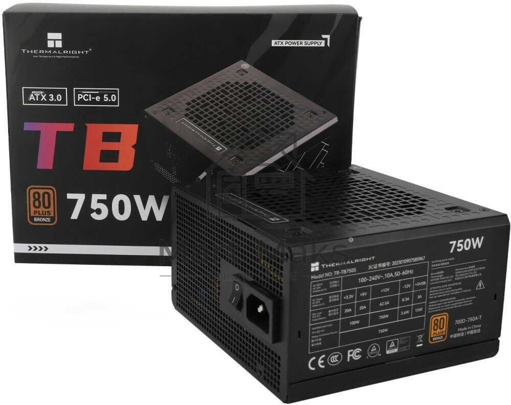 Блок питания Thermalright TR-TB750S, 750W 80 PLUS Bronze, (ATX, 3, PCIe 5.0, Non-modular, 1x24(20+4)pin 550mm, 1xCPU*2 8(4+4)pin 600+150mm, 1xPCIe*2 8(6+2)pin 500+150mm, 1x12VHPWR PCIe 5.0 12+4pin 600mm, 1xSATA*3+MOLEX4pin*1 400+150+150+150mm, 1xSATA*2+MO