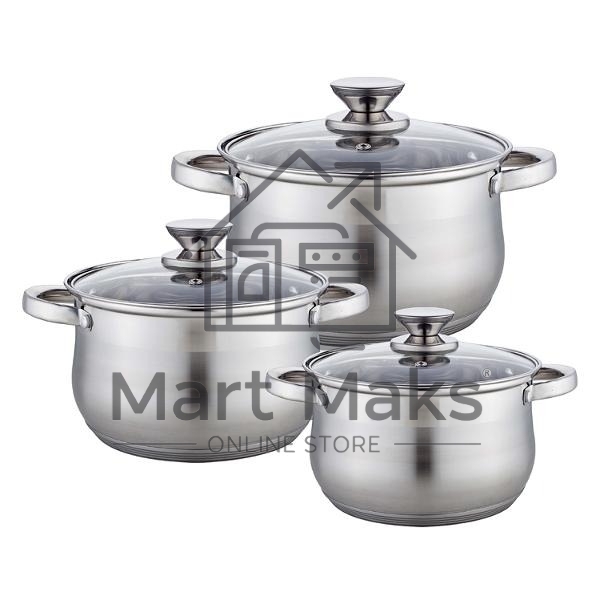 Набор посуды WEBBER BE-615/6 из нерж.стали 6 пр. 2,9 л, 5,1 л, 6,6 л со стеклянными крышками В наборе 6 предметов: кастрюля со стеклянной крышкой 18х11,5 см; 2,9 л кастрюля со стеклянной крышкой 22х13,5 см; 5,1 л кастрюля со стеклянной крышкой 24х14,5 см;