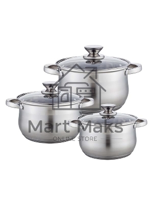 Набор посуды WEBBER BE-615/6 из нерж.стали 6 пр. 2,9 л, 5,1 л, 6,6 л со стеклянными крышками В наборе 6 предметов: кастрюля со стеклянной крышкой 18х11,5 см; 2,9 л кастрюля со стеклянной крышкой 22х13,5 см; 5,1 л кастрюля со стеклянной крышкой 24х14,5 см;