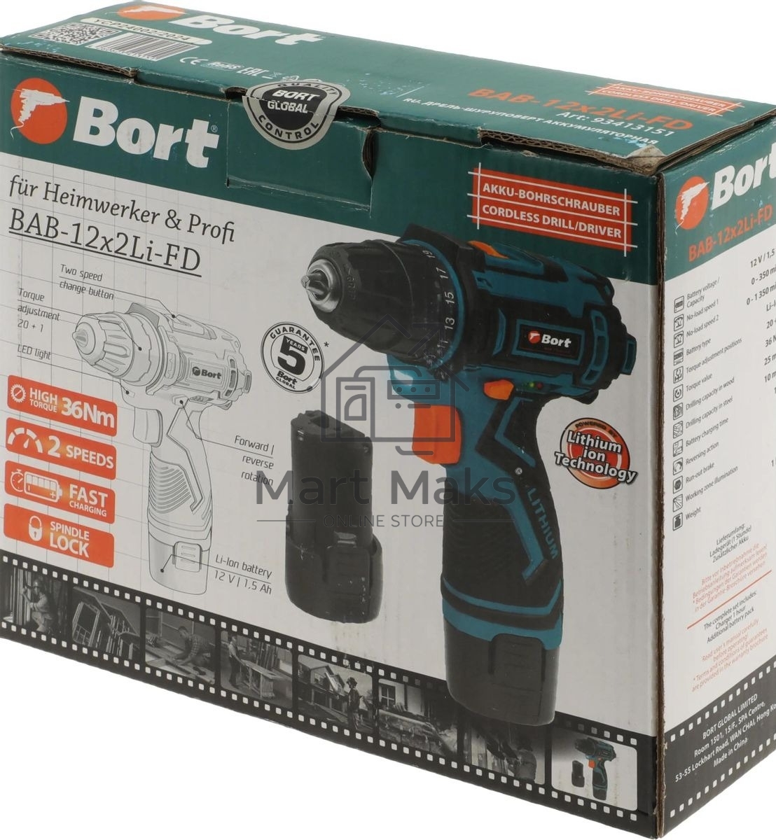 Дрель-шуруповерт Bort BAB-12x2Li-FD, Аккумуляторная, 12В, 2 АКБ