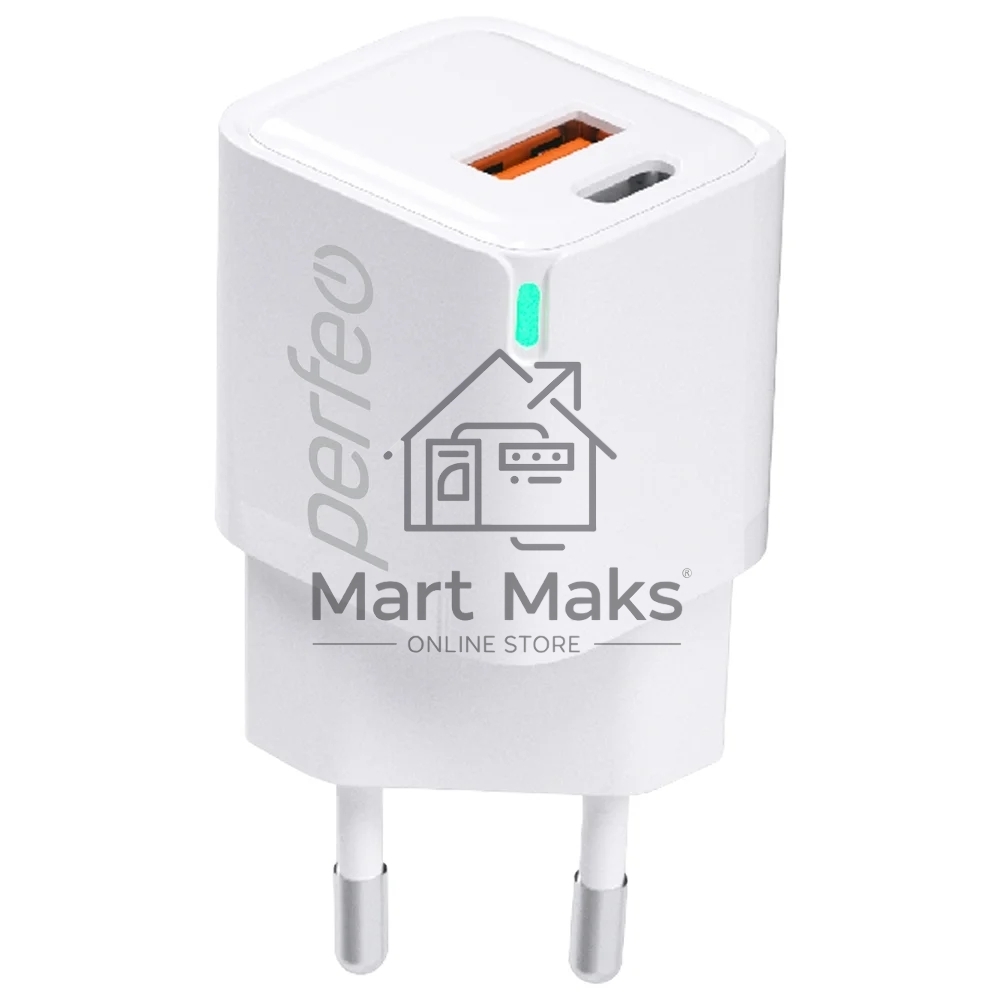 Сетевое зарядное устройство с двумя разъемами PERFEO USB-A+TYPE-C, GaN, 20W, белый (I4652)