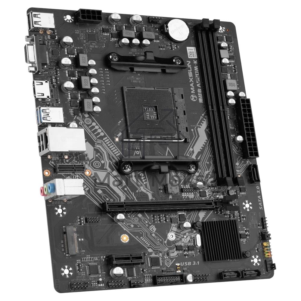 Материнская плата Maxsun Challenger A520M-K, AM4, AMD A520, 2xDDR4, 3xSATA, 1xM.2, 1xPCIe 3.0 x16, 1xPCIe 3.0 x1, 1xHDMI, 1xVGA, 1x 1Gb LAN, 2xUSB-A 3.2 Gen 1, 4xUSB-A 2.0, 3x3.5 мм, 5.1, M-ATX