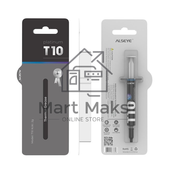 Термопаста ALSEYE T10 Thermal conductivity: 13.9W/m-k Color: Gray Conductivity: non-conductive specific gravity: 2.7g / cm³@25℃ Capacity: 1.2ml Weight: 2G