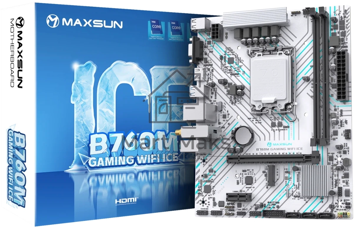 Материнская плата Maxsun B760M GAMING WIFI ICE, LGA 1700, Intel B760, 2xDDR4, 3xSATA, 1xM.2, 1xPCIe 4.0 x16, 1xPCIe x1, 1xVGA, 1xHDMI, 1x1Gb LAN, Wi-Fi 5, Bluetooth 4.2, 2xUSB-A 5Gbps, 4xUSB-A 2.0, 3x3.5 мм, 7.1, белый, mATX