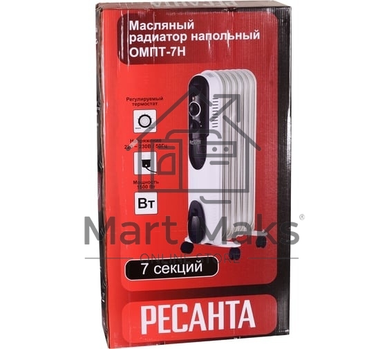 Масляный обогреватель Ресанта ОМПТ-7Н (7 секций) белый, 1500 Вт, 15 м2, термостат 67/3/3