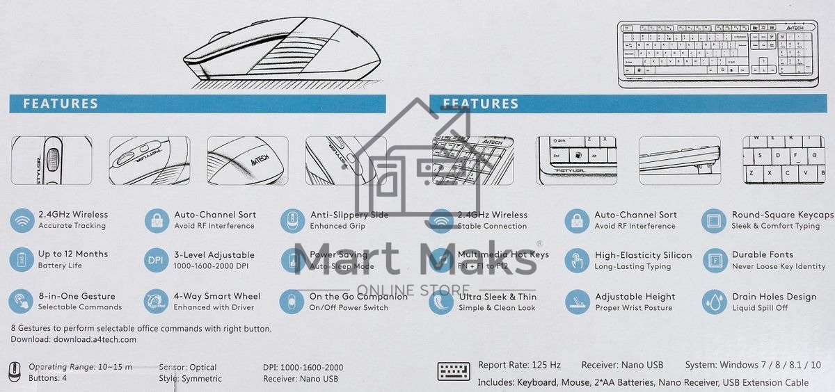 Комплект клавиатура + мышь A4 Fstyler FG1010 клав:черный/синий мышь:черный/синий USB беспроводная Multimedia