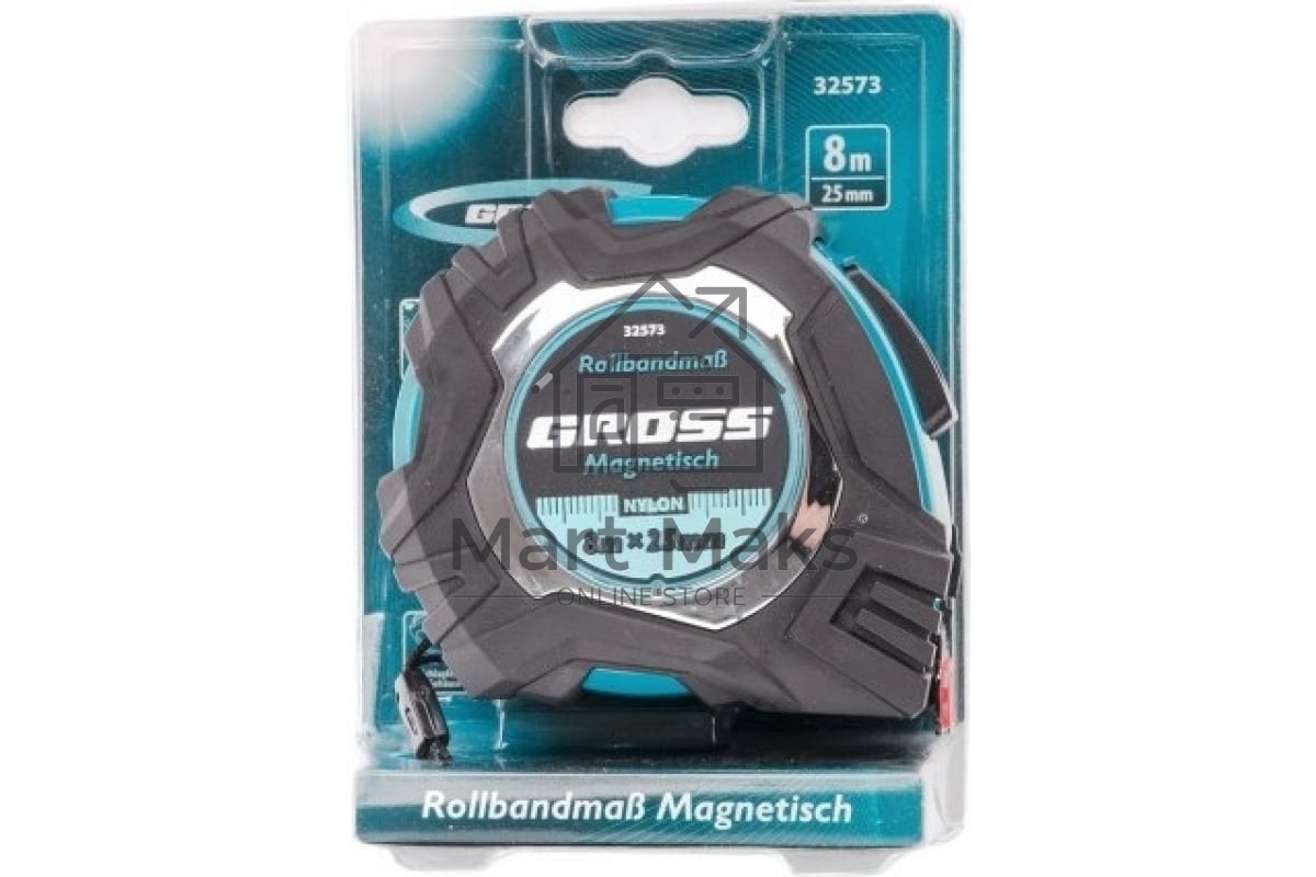 Рулетка Magnetisch, 8м х 25мм, обрезин. корпус,автоматич. фиксация, нейлон. покр.,магн.зацеп Gross