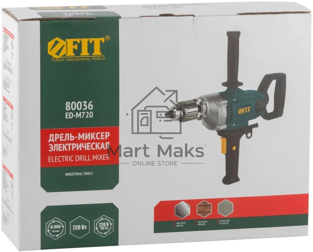 Дрель-миксер FIT ED-M720 720 Вт, 0-900 об/мин, КлП 3-16 мм, металл.корпус, рез.накл., коробка