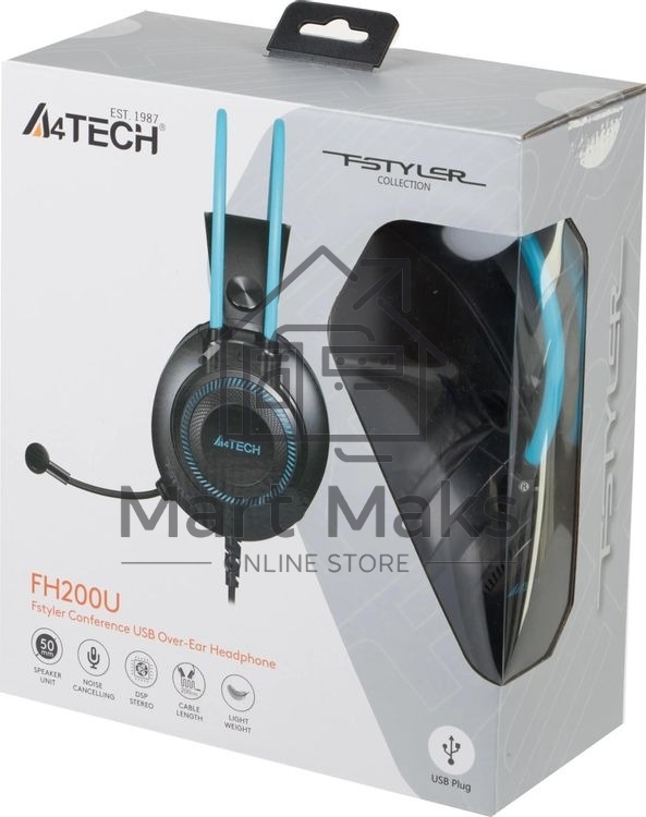 Гарнитура проводная с микрофоном A4Tech Fstyler FH200U серый/синий 2м накладные USB оголовье (FH200U BLUE)