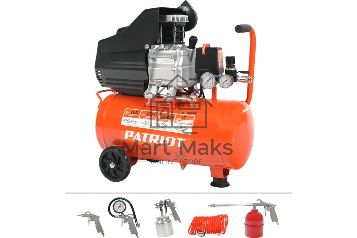 Компрессор PATRIOT EURO 50-260К 525306316 Мощность: 1.8 кВт; Напряжение: 230В~50Гц; Обороты двигателя: 2850 об/мин; Производительность: 260 л/мин; Объем ресивера: 50 л; Давление: 8 бар; Вес: 28,5