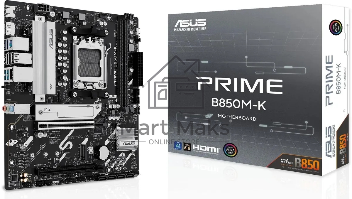 Материнская плата ASUS PRIME B850M-K, AM5, AMD B850, 2xDDR5, 4xSATA, 2xM.2, 1xPCIe 5.0 x16, 1xPCIe 4.0 x8, 1xDP (v1.4), 1xHDMI (v2.1), 1x2.5Gb LAN, 2xUSB-A 10Gbps, 2xUSB-A 5Gbps, 4xUSB-A 2.0, 3x3.5 мм, 7.1, mATX