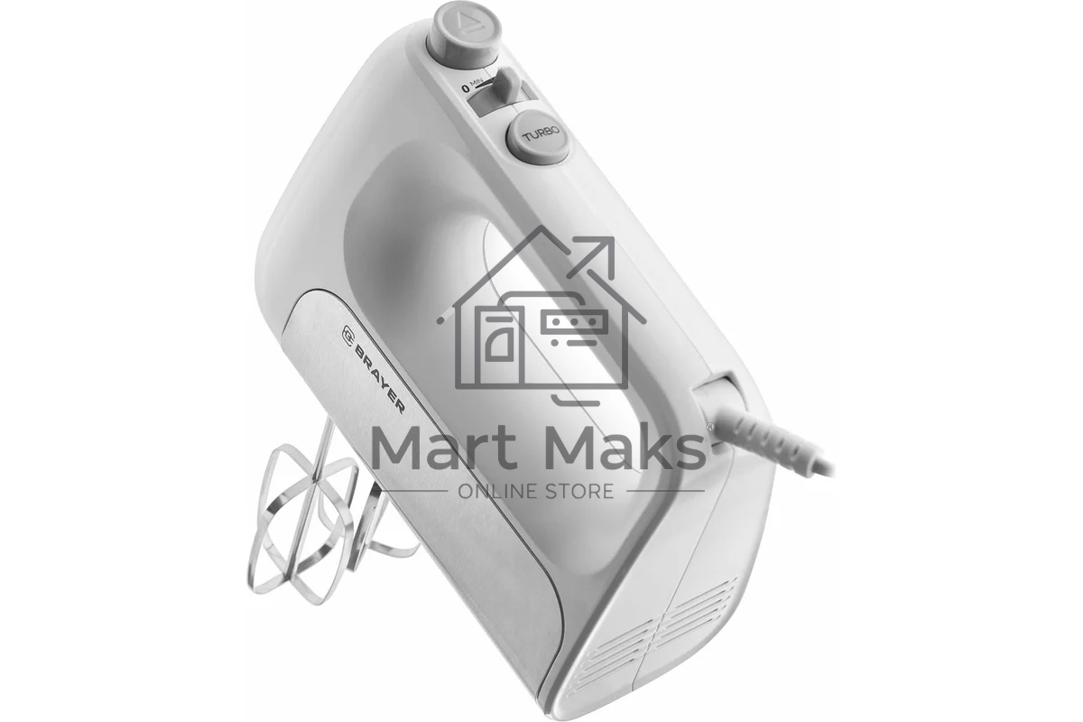 Миксер BRAYER BR1303, 500  Вт, корп.из нерж.стали, 5 режимов, 2 крюка, 2 венчика