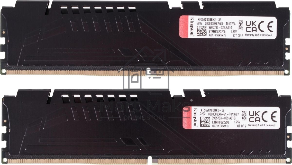 Оперативная память Kingston Fury Beast, DDR5, 32GB (2x16GB), 5200MHz, CL40, DIMM, радиатор, черный