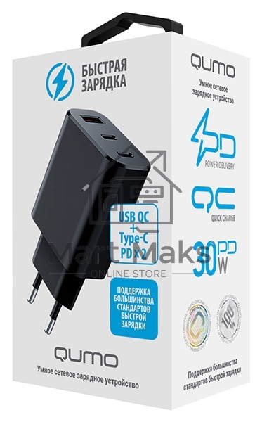 СЗУ Qumo Energy GaN PD 30W (Charger 0073), три порта: 2х Type-C PD + USB-A QC3.0,черный