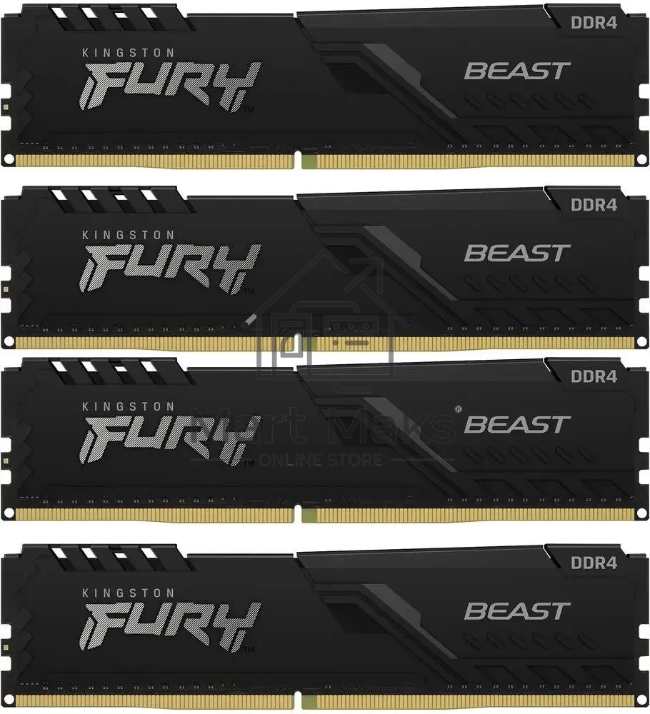 Оперативная память Kingston Fury Beast, DDR4, 64GB (4x16GB), 3200MHz, CL16, DIMM, с радиатором, черный