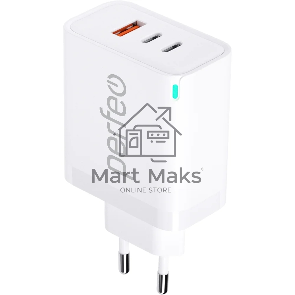 Сетевое зарядное устройство с тремя разъемами PERFEO USB-A+2xTYPE-C, GaN, 65W, белый (I4655)