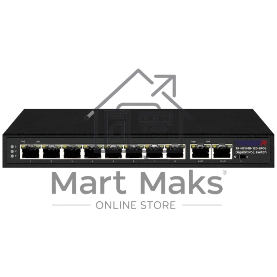 Неуправляемый коммутатор Trassir TR-NS1410-120-8POE с 8 PoE портами (10/100/1000 Мбит/с (Base-T)) 2 Uplink (10/100/1000 Мбит/с (Base-T)), стандарты PoE EEE802.3af, EEE802.3at, EEE802.3bt, максимальная мощность на порт 90Вт, общая - 120 Вт.