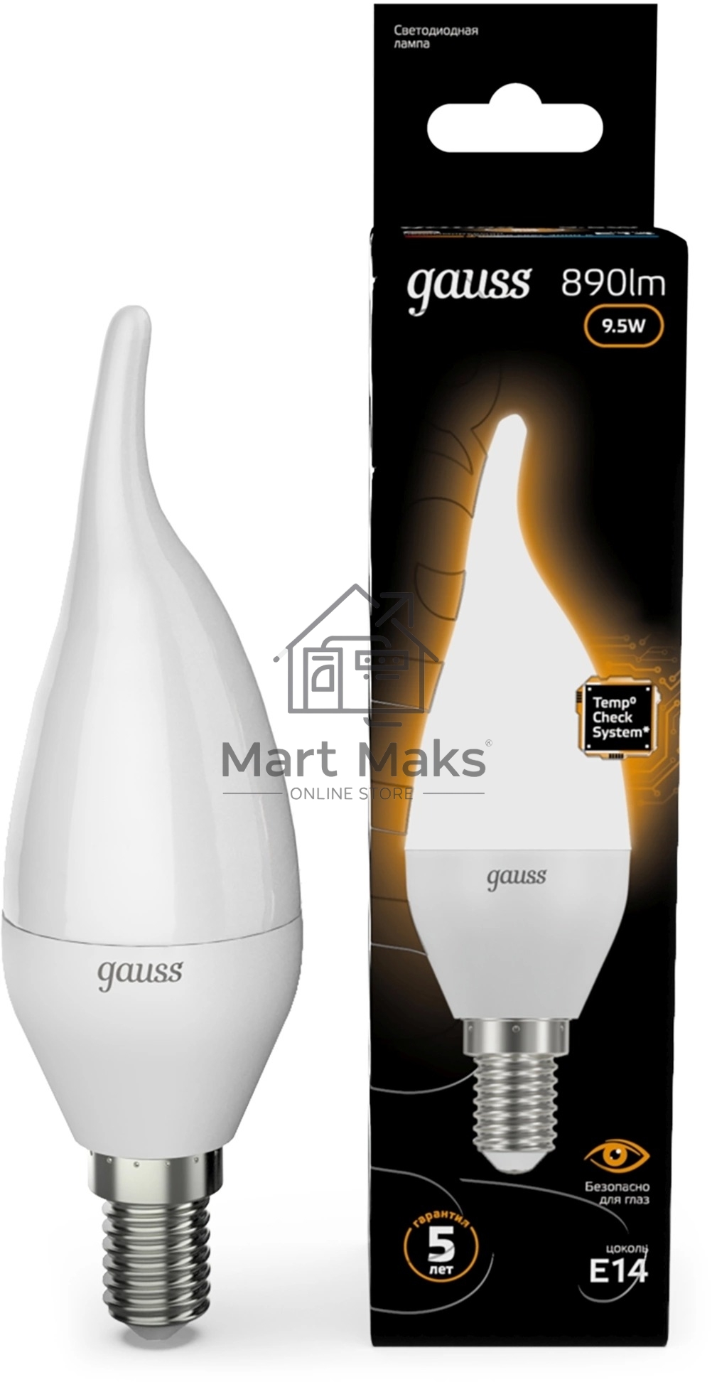 Лампа светодиодная Gauss 9.5Вт цок.:E14 свеча 220B св.свеч.бел.теп. (упак.:10шт) (104101110)