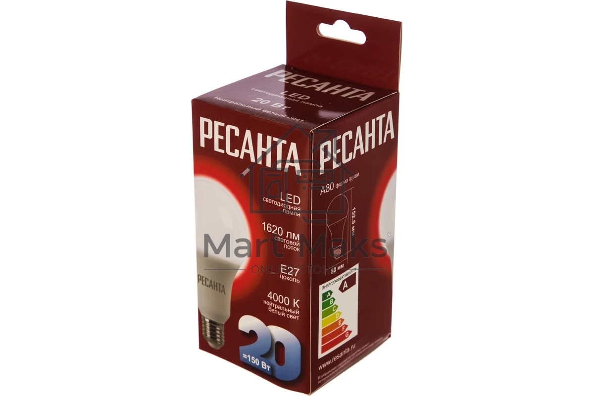 Лампа светодиодная Ресанта LL-R-A80-20W-230-4K-E27 груша, 20 Вт, нейтр., Е27