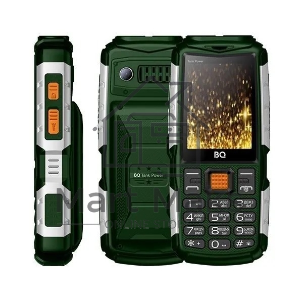 Мобильный телефон BQ 2430 Tank Power Green&silver 2.4” 240x320/32+32Mb/BT/2Sim/microSD/0.3Mp/4000mAh/Powerbank