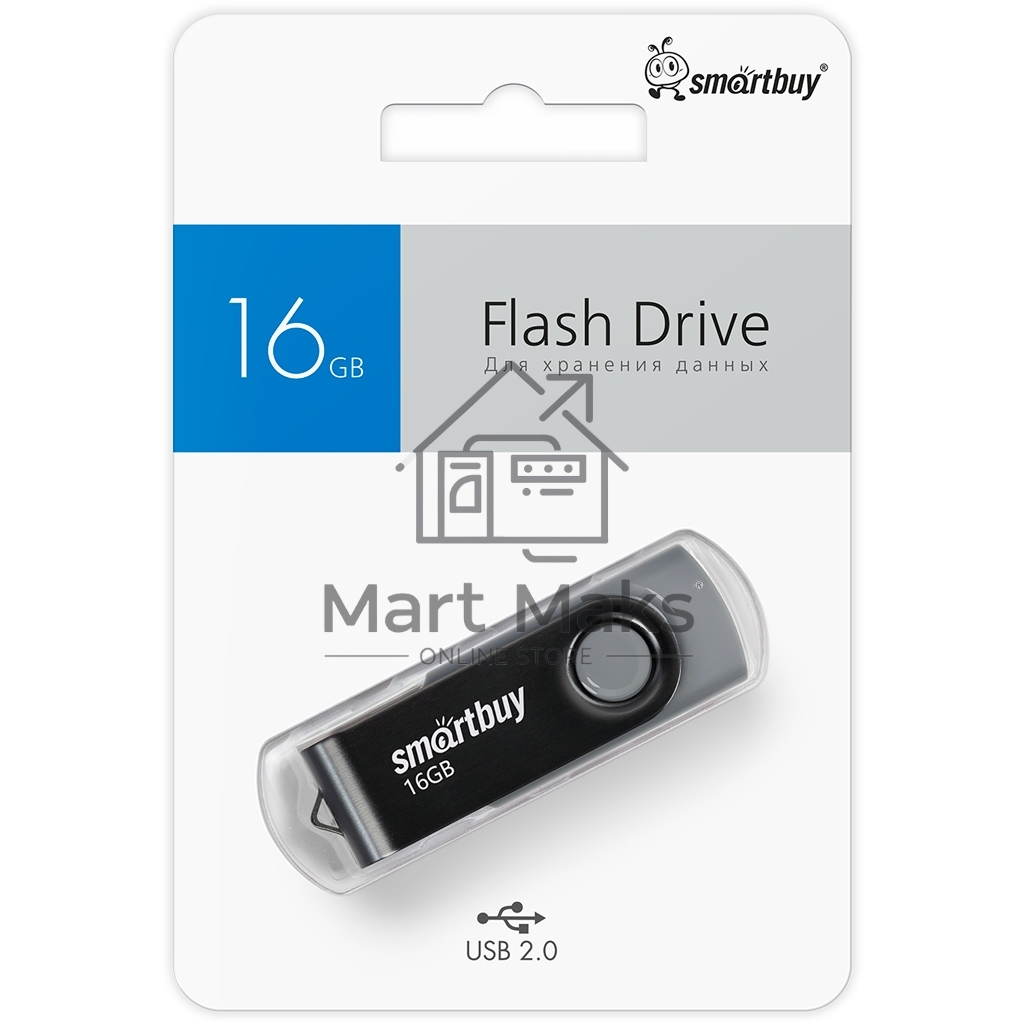 Флешка USB R/W SmartBuyTwist Black (SB016GB2TWK), 16Gb, USB 2.0, R/W 15/12, черный