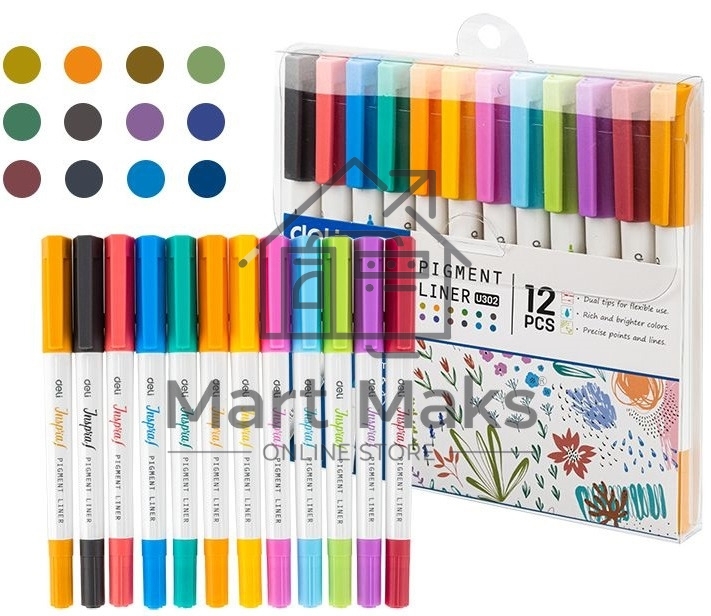 Набор ручек капиллярных Deli Inspira (EU302), d=0.5мм, ассорти чернила, игловидный пишущий наконечник, линия 1.0мм, 12 цветов