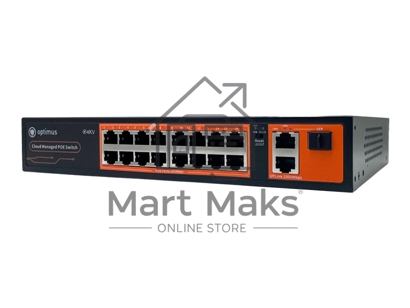Коммутатор Optimus U1IC-16F/2G/1S, 16×100 Мбит/с PoE+ + 2×1 Гбит/с Uplink + 1×1 Гбит/с SFP Uplink, настраиваемый