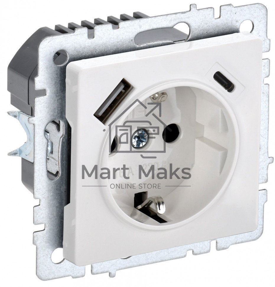 Розетка 1-местная IEK BRITE РЮш11-1-БрБ (BR-R14-16-U22-018-K01) с заземлением, с защитными шторками, 16А, с USB A+C 18 Вт, белый